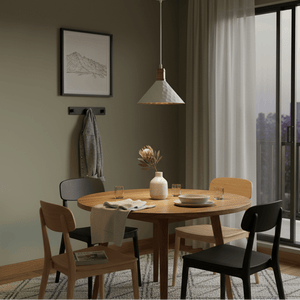 White iron pendant light hangs over a wooden dining table set with plates and glasses, creating a cozy atmosphere.
