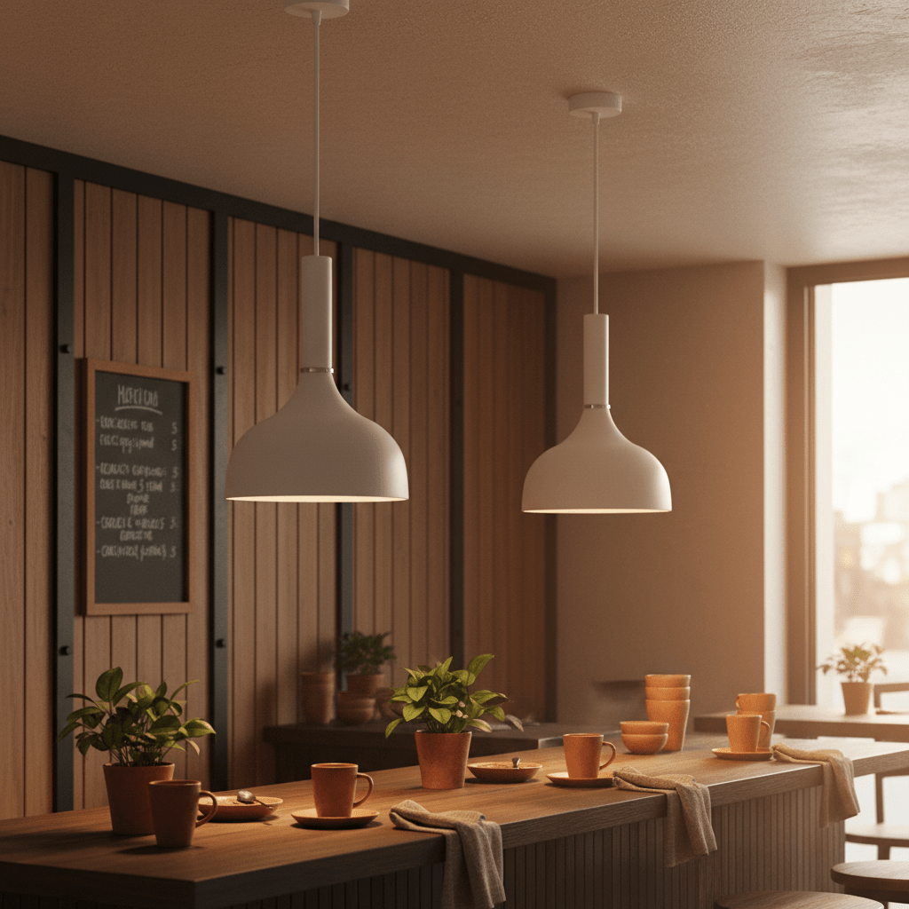 Two white metal pendant lights hang above a wooden kitchen island, surrounded by plants and tableware.