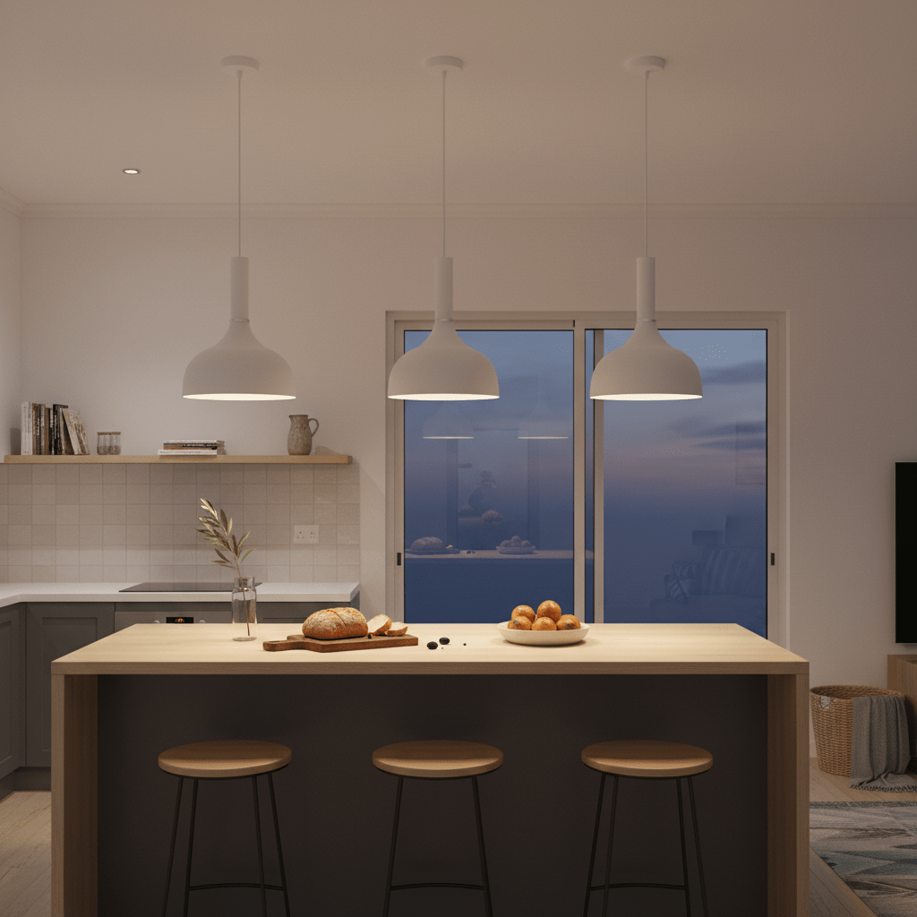 Three white metal pendant lights hang above a wooden kitchen island with bread and fruit.