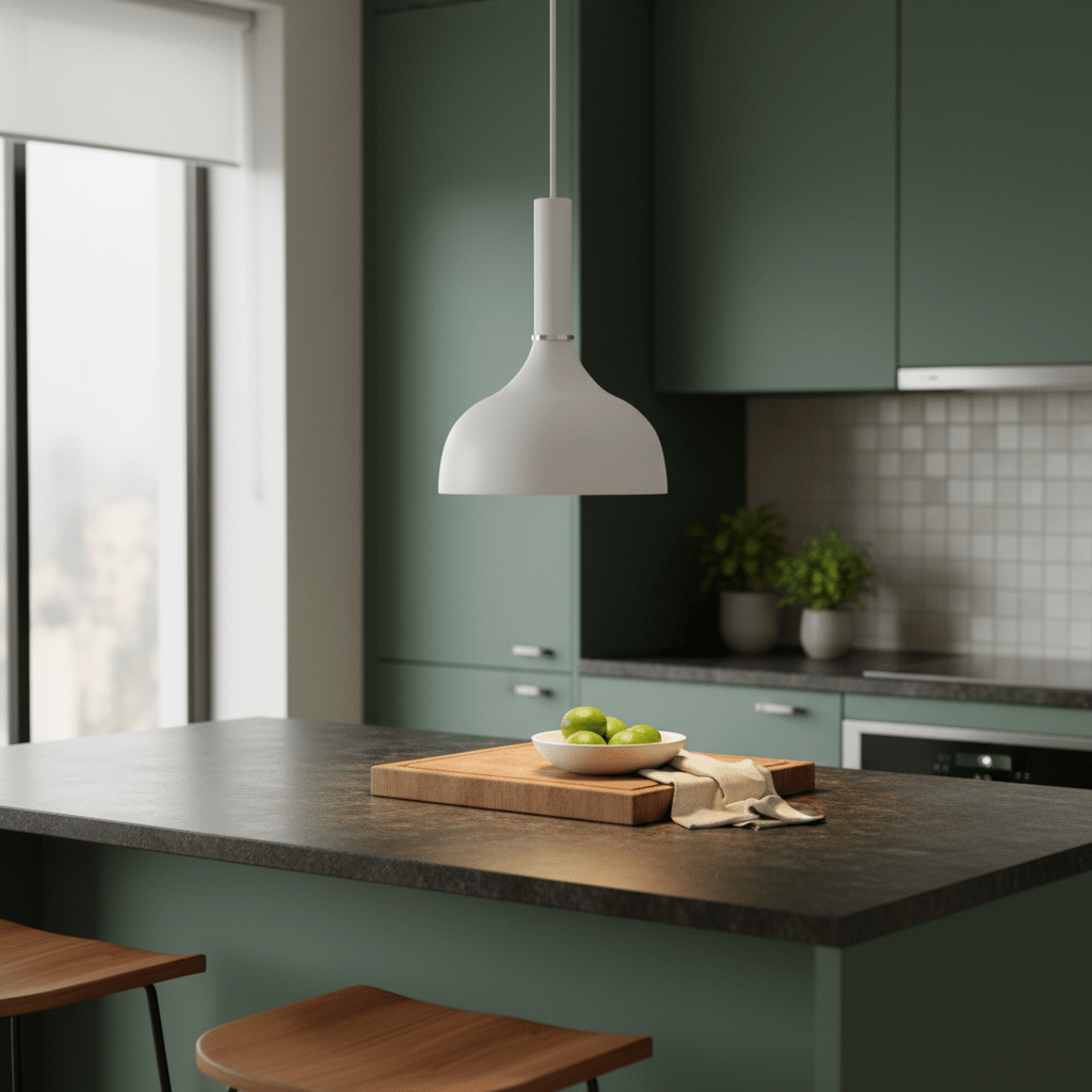 White metal pendant light hanging above a kitchen island with a wooden cutting board and bowl of limes.