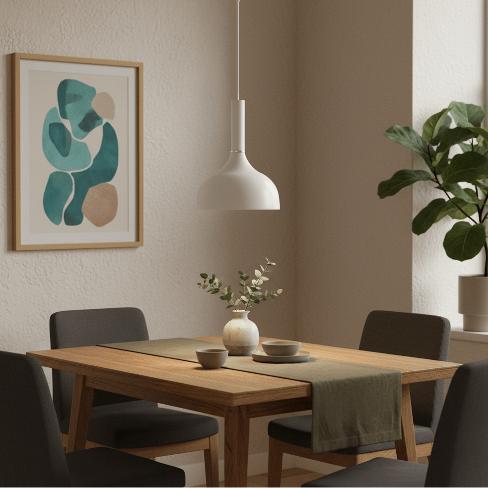 White metal pendant light hanging over a wooden dining table set with dishes and a vase.