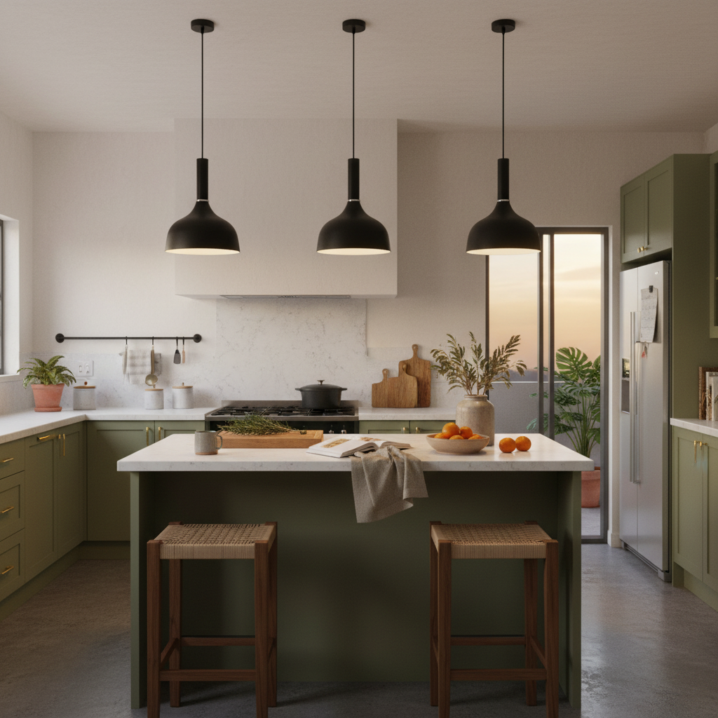 Three black metal pendant lights hang over a kitchen island with green cabinetry and a modern design.