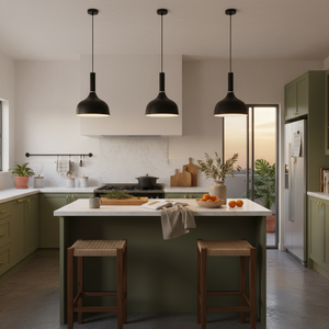 Three black metal pendant lights hang over a kitchen island with green cabinetry and a modern design.