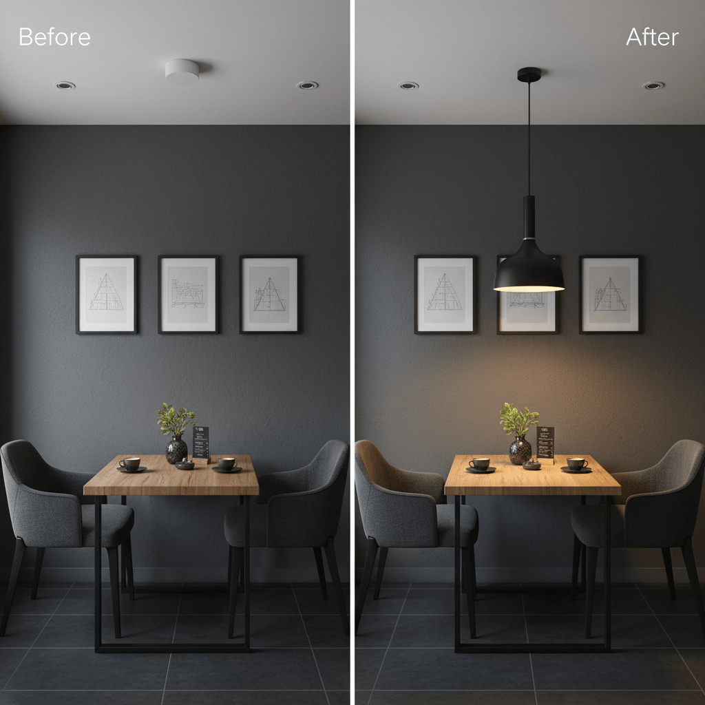 Before and after comparison of a dining area with the Black Metal Pendant PEN217 installed, showcasing improved lighting.