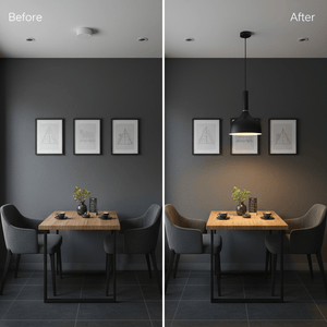 Before and after comparison of a dining area with the Black Metal Pendant PEN217 installed, showcasing improved lighting.