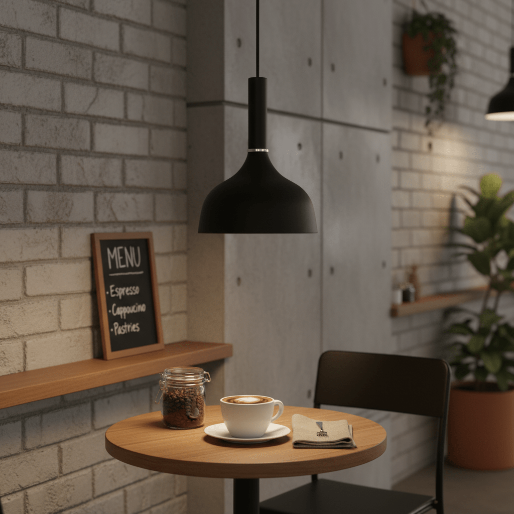 Black metal pendant light illuminating a coffee cup on a wooden table in a cozy cafe setting.