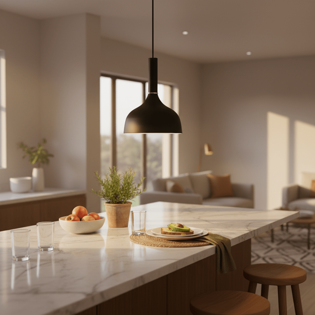 Black metal pendant light hanging over a kitchen island with a marble countertop, featuring a plate of food and decorative