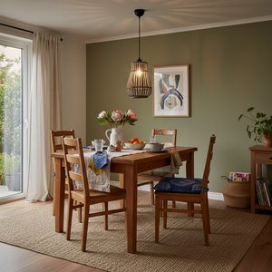 Stylish metal and rattan pendant light hanging above a wooden dining table set with flowers and fruit.