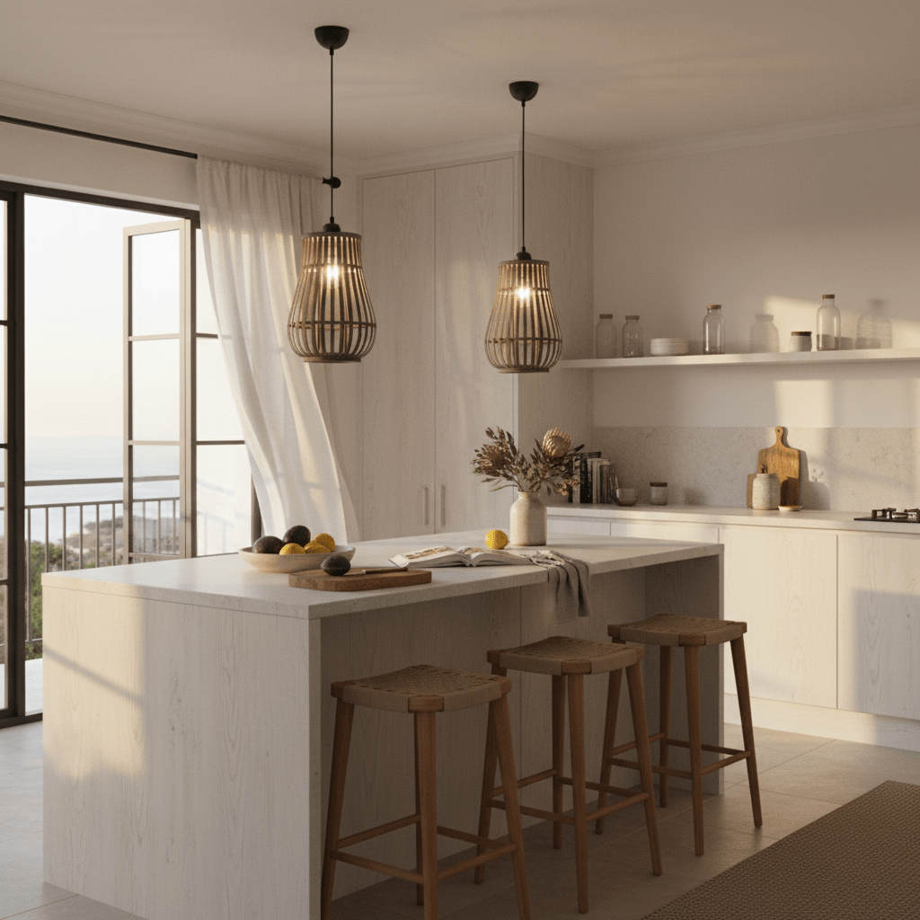 Stylish kitchen featuring two metal and rattan pendant lights above a modern island with wooden stools.