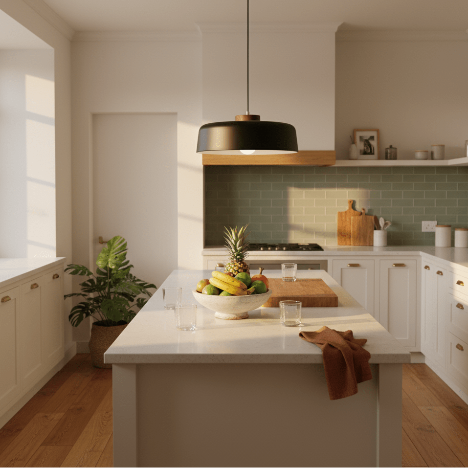 Black metal pendant light hanging above a kitchen island with a fruit bowl and glasses.
