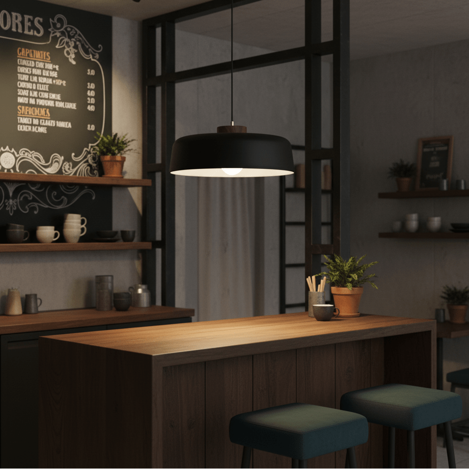 Black metal pendant light hanging over a wooden bar with green stools, surrounded by shelves and decor.