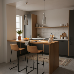 Aluminium pendant lights hang over a modern kitchen island with wooden accents and bar stools.