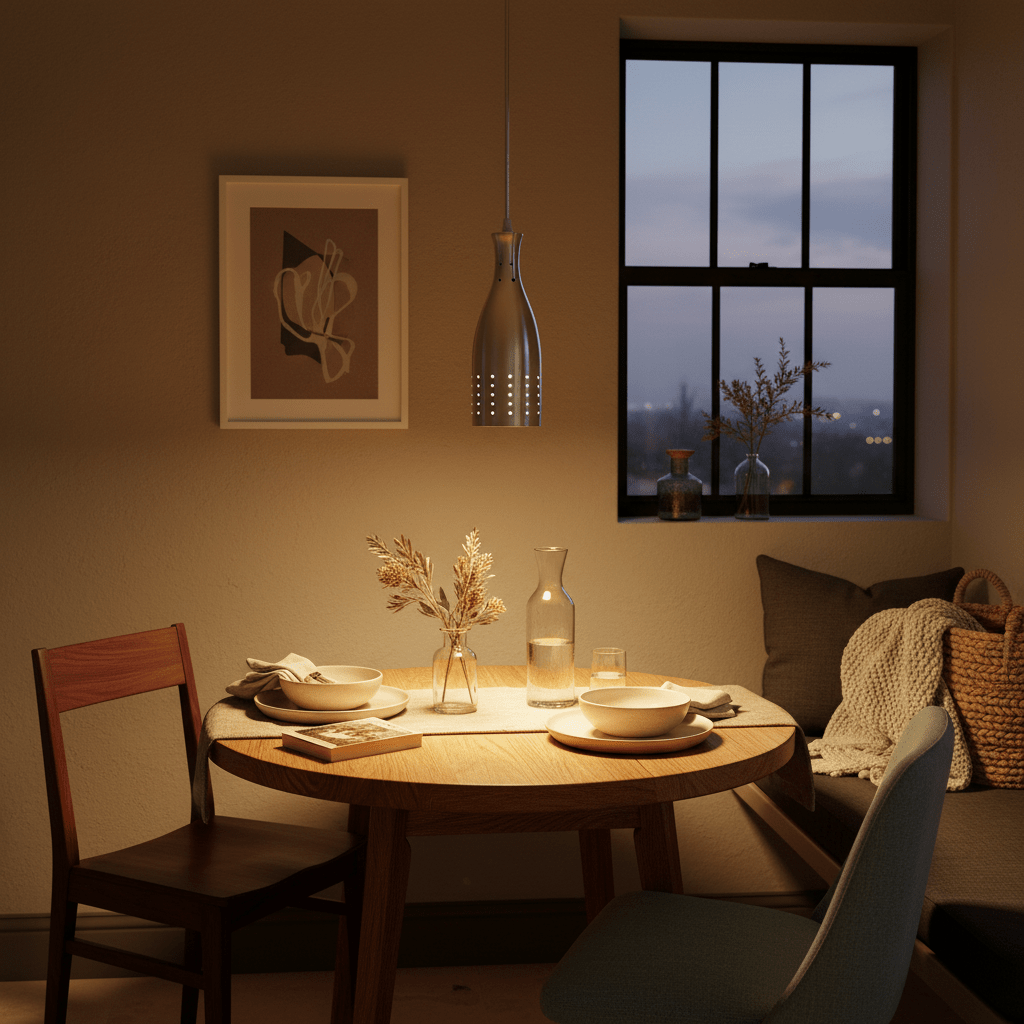 Aluminium pendant light illuminating a cozy dining table with plates, a vase, and a window view.