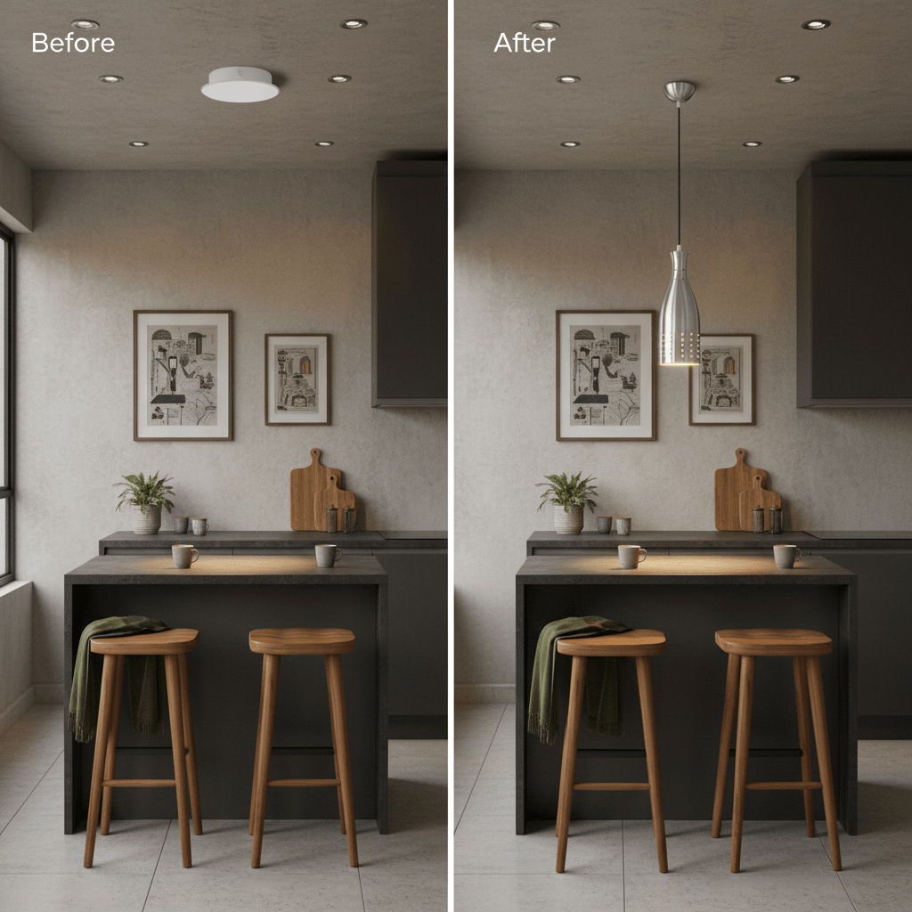 Before and after comparison of kitchen lighting, showcasing the Aluminium Pendant PEN227 over a kitchen island.