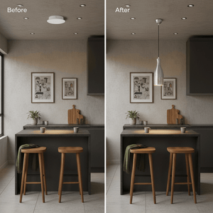 Before and after comparison of kitchen lighting, showcasing the Aluminium Pendant PEN227 over a kitchen island.