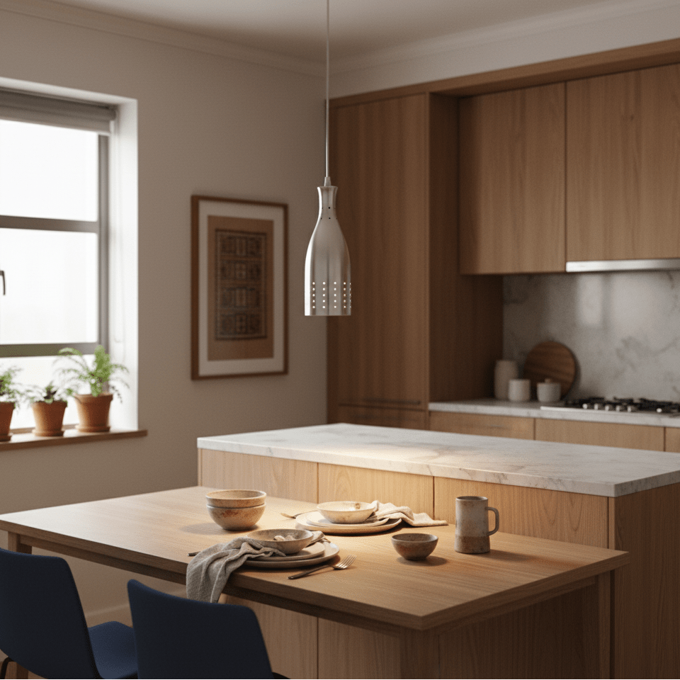 Aluminium pendant light hanging over a wooden dining table set with dishes in a modern kitchen.