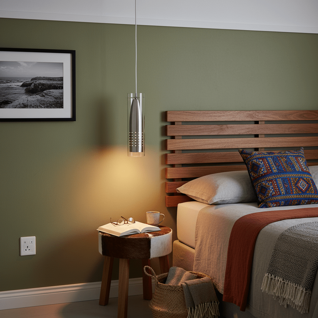 Cord pendant light with clear glass shade hanging above a bedside table with a book and glasses.