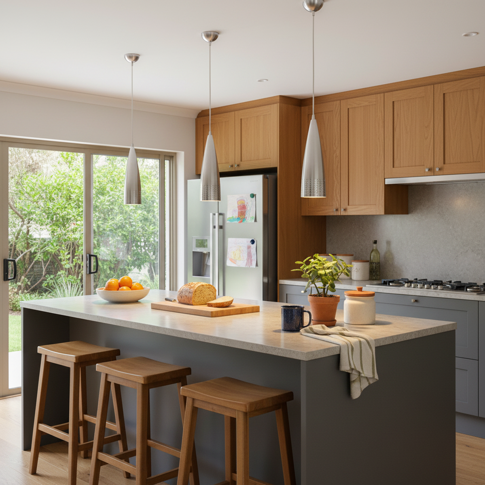 Three sleek aluminium pendant lights hang above a modern kitchen island with wooden stools.