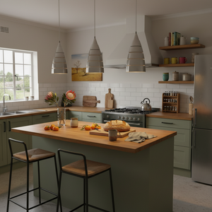 Three sleek aluminium pendant lights hang over a modern kitchen island with wooden countertop and fresh produce.