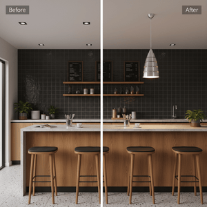 A kitchen scene showing a sleek aluminium pendant light above a wooden bar counter, enhancing the modern decor.
