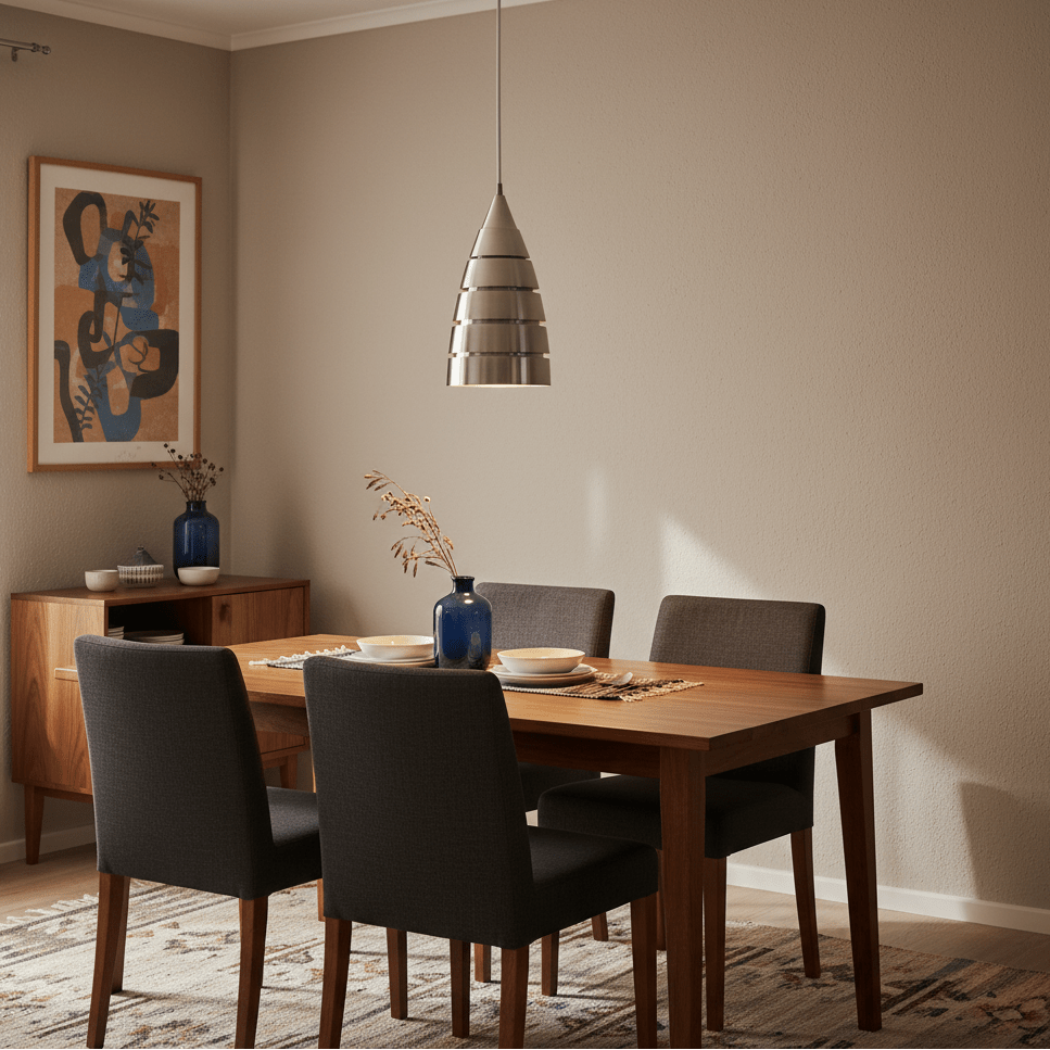 Aluminium pendant light hanging above a wooden dining table set with plates and a blue vase.