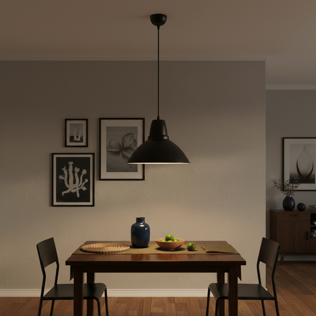 Aluminium pendant light hanging over a wooden dining table with decorative items and framed artwork on the walls.
