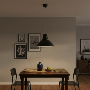 Aluminium pendant light hanging over a wooden dining table with decorative items and framed artwork on the walls.