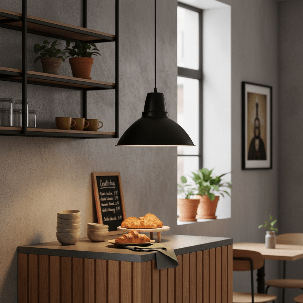 Black aluminium pendant light hanging over a kitchen counter with croissants and bowls.