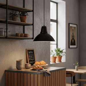 Black aluminium pendant light hanging over a kitchen counter with croissants and bowls.