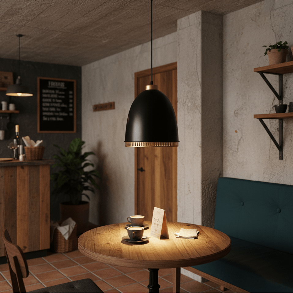 Black iron pendant light hanging over a wooden table with coffee cups and a menu in a cozy café setting.