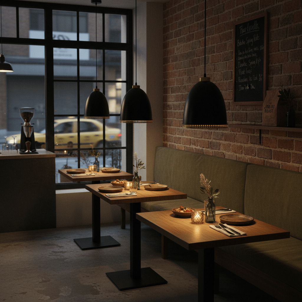 Industrial-style black iron pendant lights illuminate wooden tables in a cozy restaurant setting.