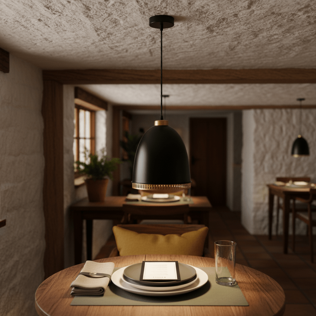 Black iron pendant light hanging over a dining table set with plates and a tablet, in a cozy interior.