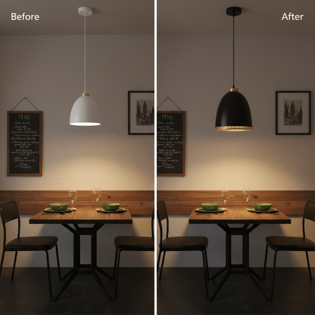 Comparison of a dining area before and after installing a black iron pendant light, showcasing improved ambiance.