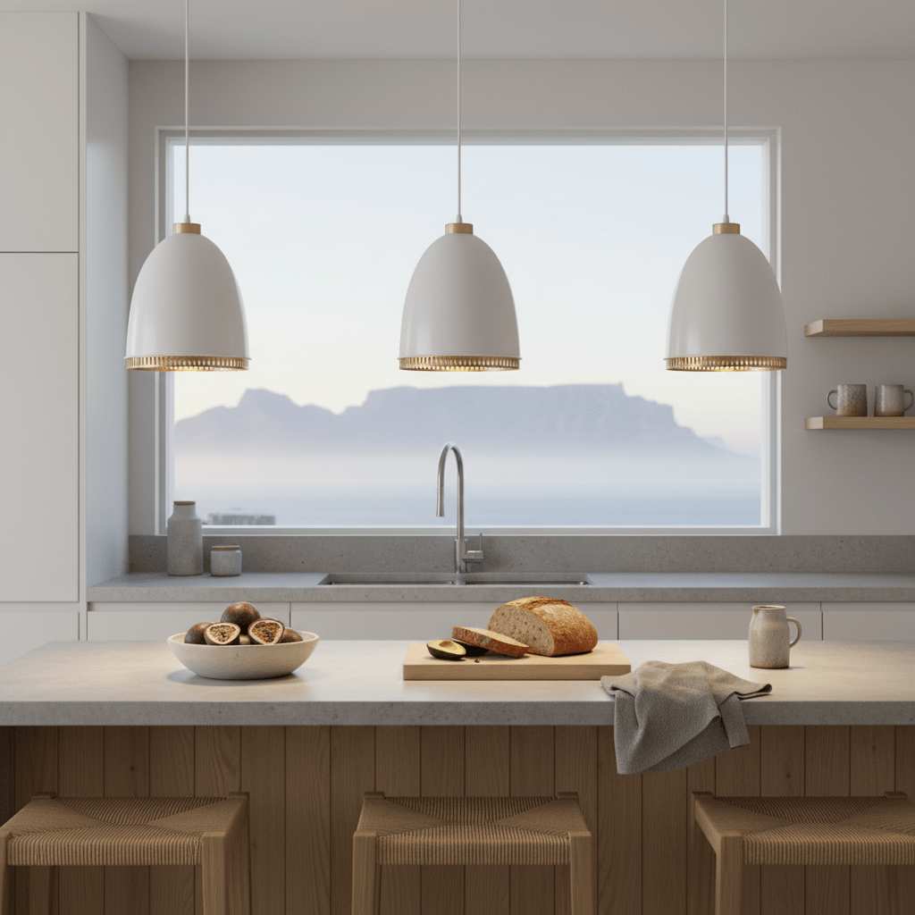 Three white iron pendant lights hang above a kitchen island with a scenic view.