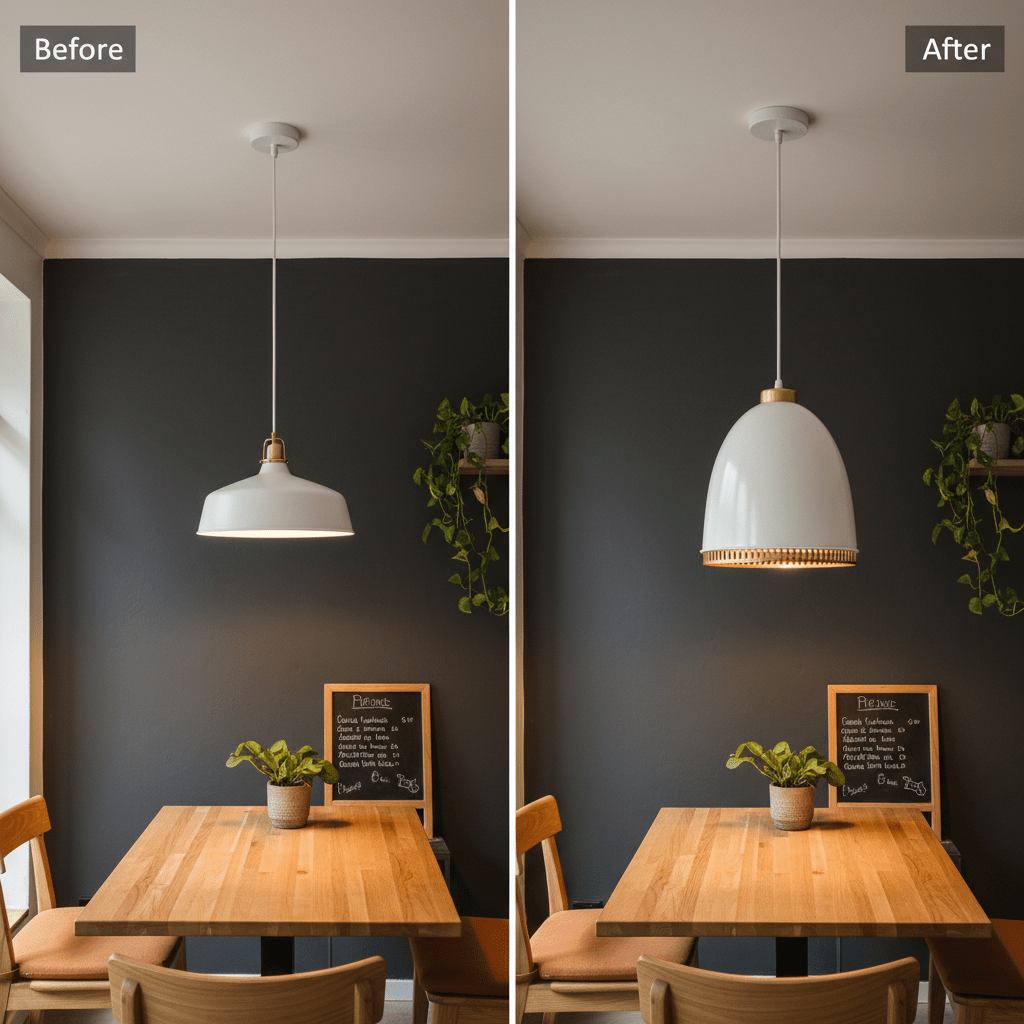 Before and after comparison of a dining area with pendant lights, showcasing a modern white iron pendant light.