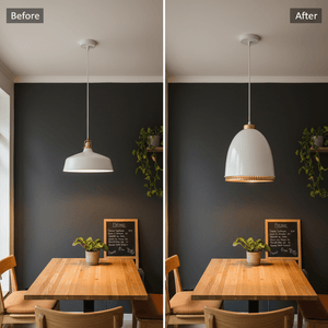 Before and after comparison of a dining area with pendant lights, showcasing a modern white iron pendant light.