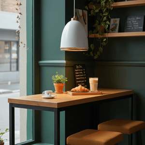 White iron pendant light hanging above a wooden table with coffee, croissant, and potted plant.