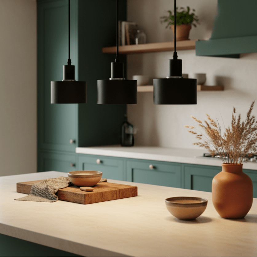 Three black metal pendant lights hang over a kitchen island with wooden and ceramic bowls.