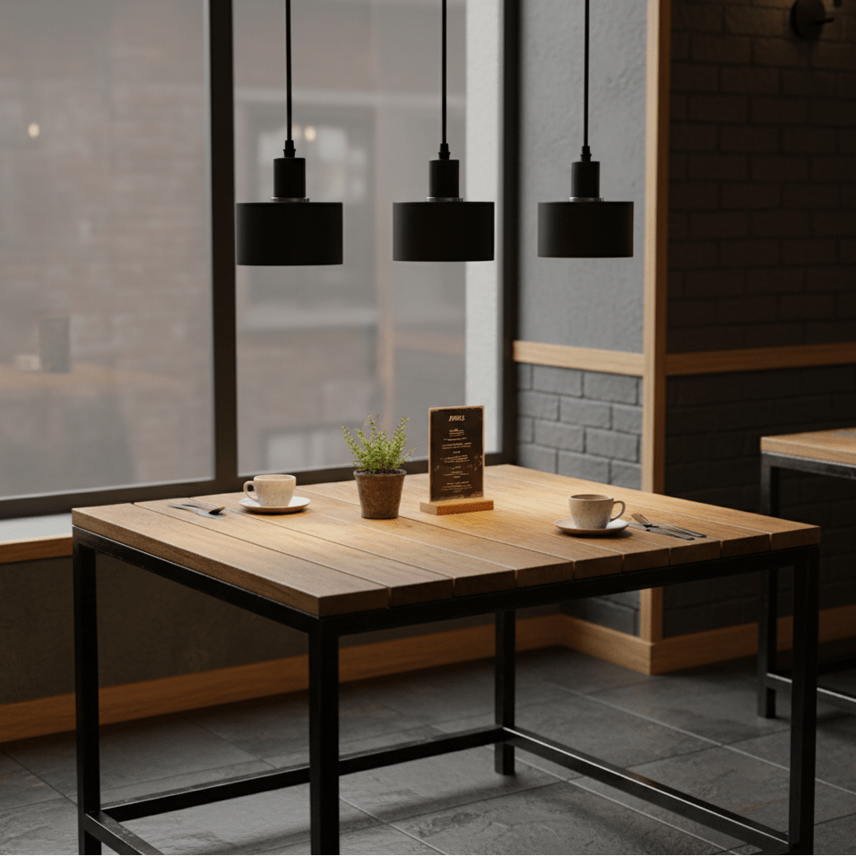 Three black metal pendant lights hang above a wooden table set with cups and a small plant.