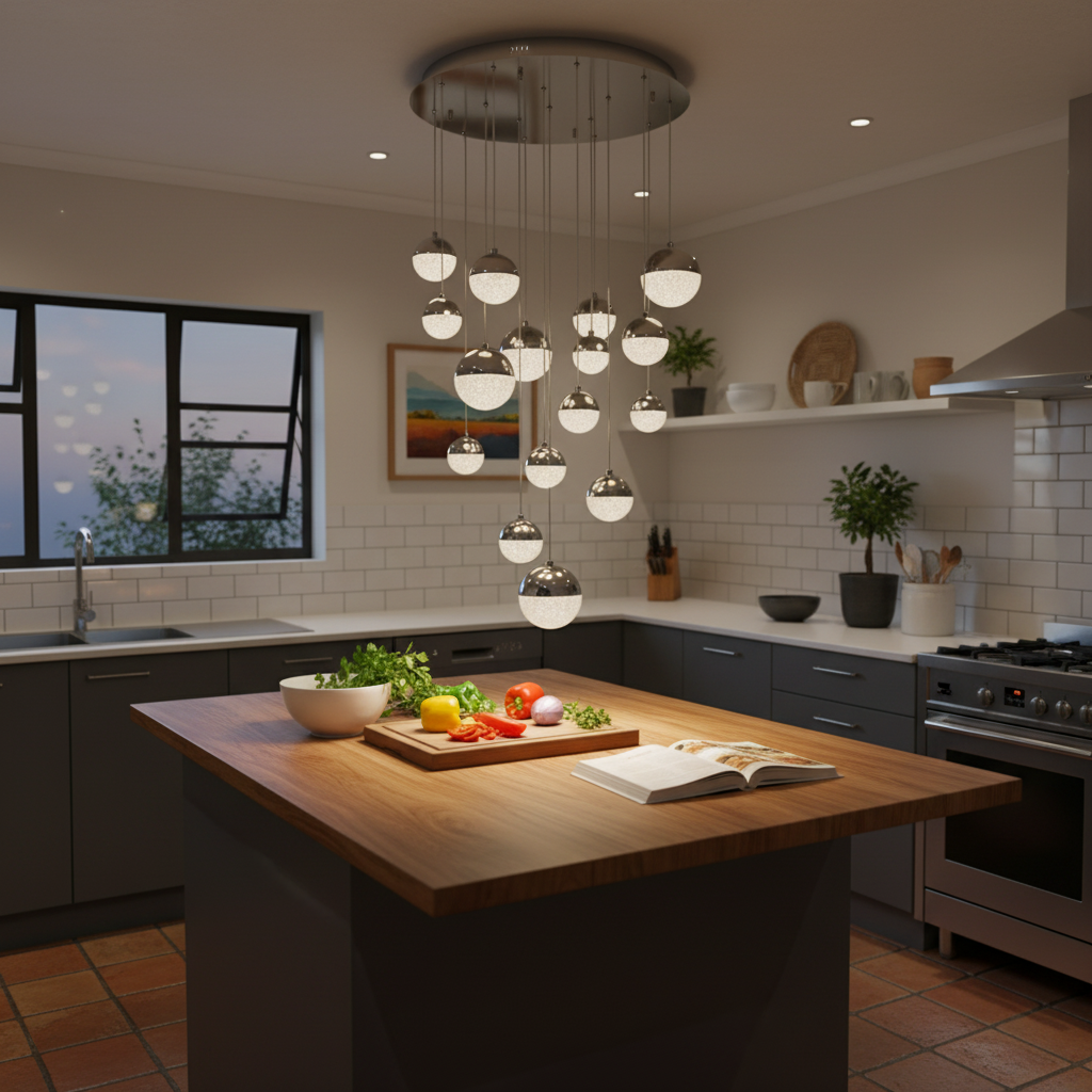 Modern chandelier with stainless steel and acrylic design hanging above a kitchen island with fresh ingredients.