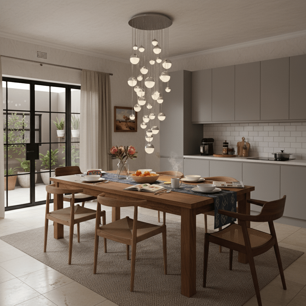 Stylish chandelier with multiple glass orbs hanging above a wooden dining table set with dishes and flowers.