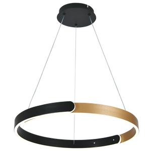 Modern pendant light with black and gold circular design on a white background
