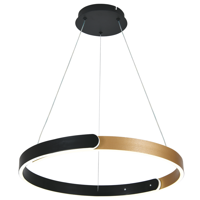 Modern pendant light with black and gold circular design on a white background