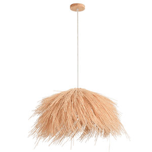 Pendant light with natural fiber shade on a white background