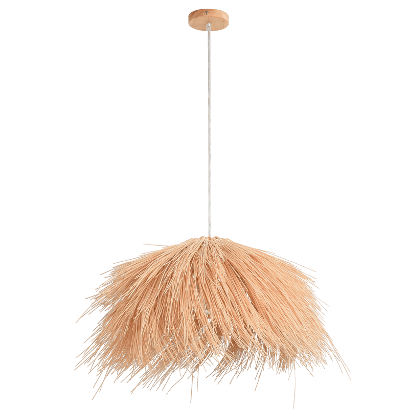 Pendant light with natural fiber shade on a white background