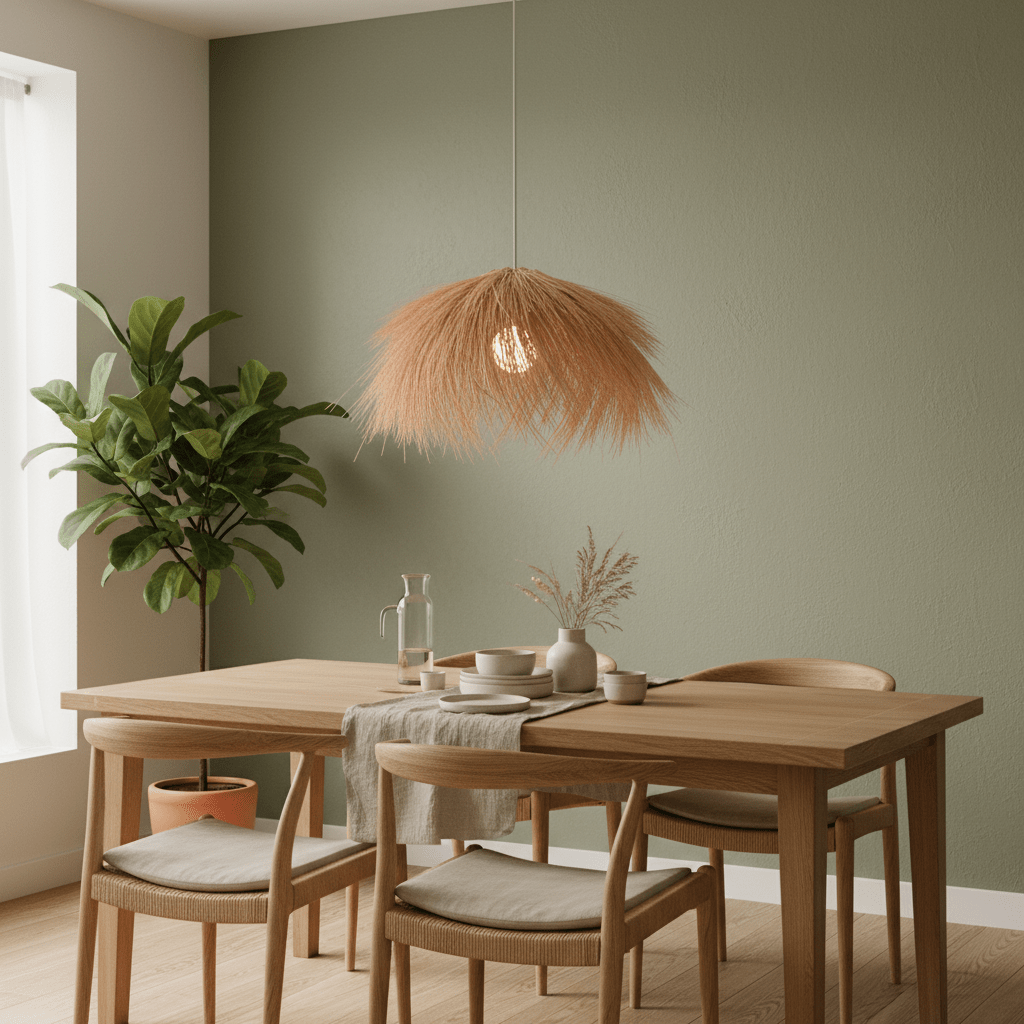 Natural wood and rattan shade pendant light hanging above a wooden dining table with plants and tableware.