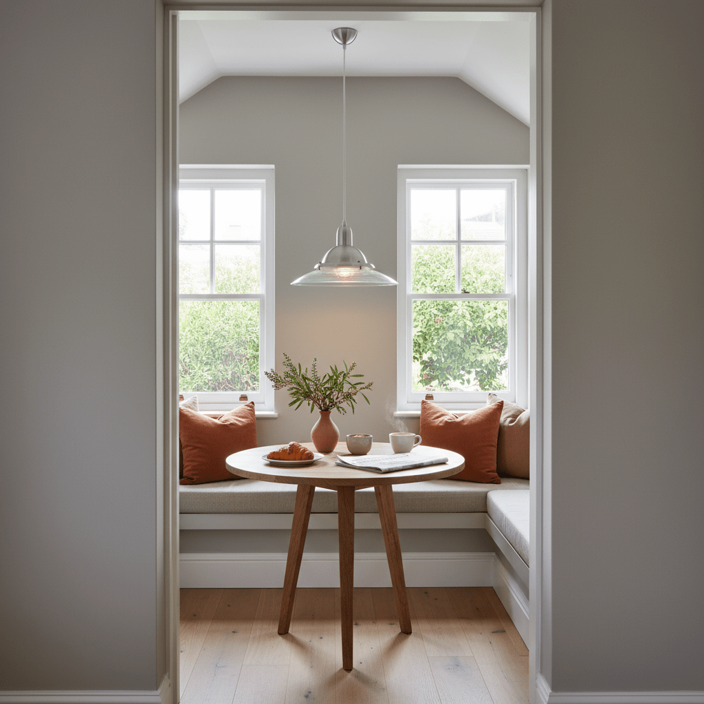 Aluminium and clear glass pendant light hanging over a table with croissant, cups, vase, and in a nook with windows.