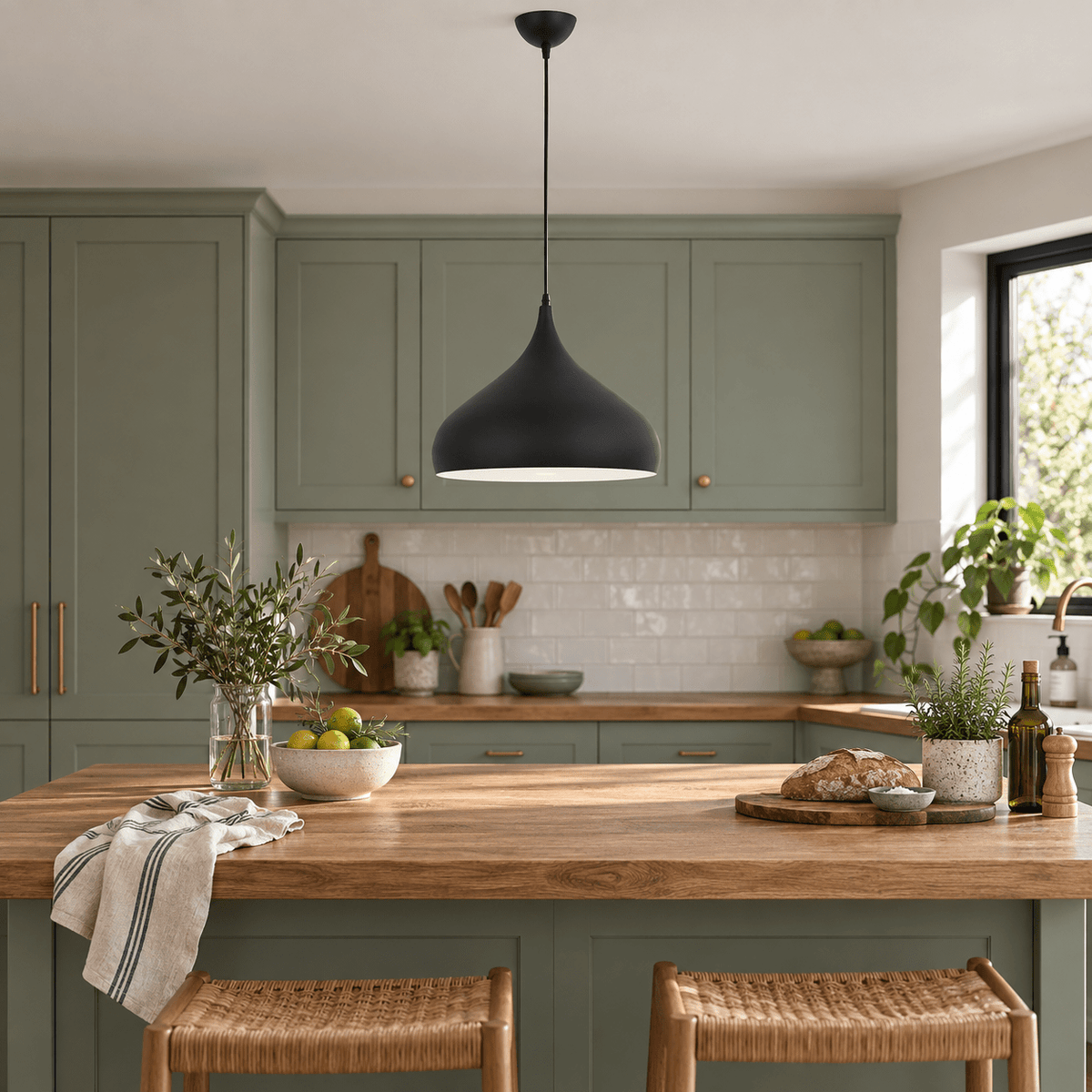 Matt black aluminium pendant in realistic kitchen and dining interior, scene 1