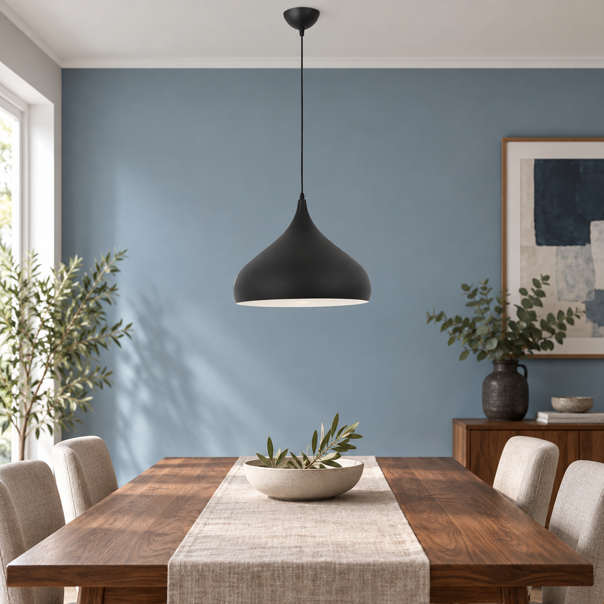 Matt black aluminium pendant in realistic kitchen and dining interior, scene 2