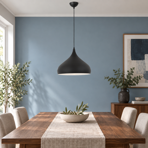 Matt black aluminium pendant in realistic kitchen and dining interior, scene 2